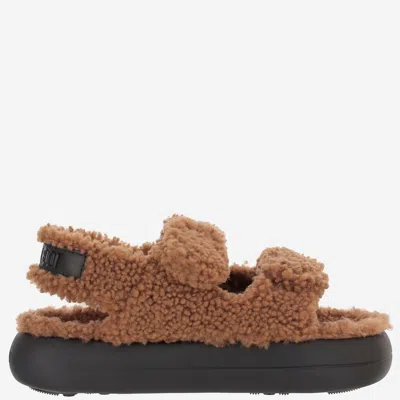 Moon Boot Shearling Sandals With Thick Sole In Brown