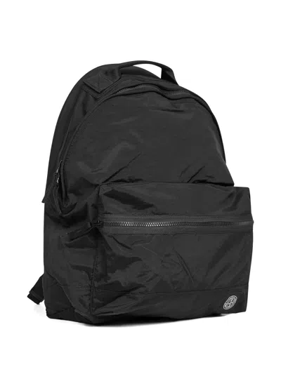 Stone Island Backpack Adjustable Straps Front Zip Pocket Top Handle In Black