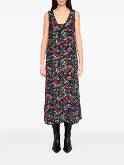 Zadig & Voltaire Womens Encre Renzo Floral-print Woven Midi Dress In Black
