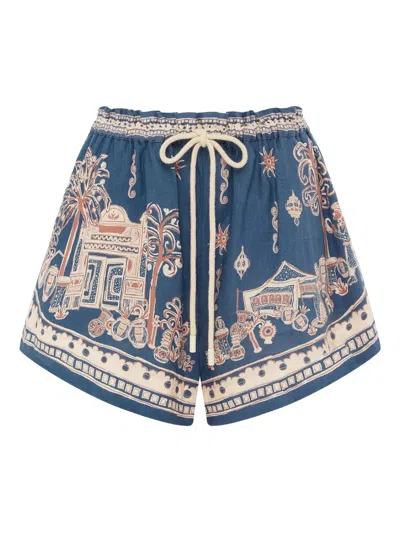 Alemais Acacia Printed Mid-rise Shorts In Blue