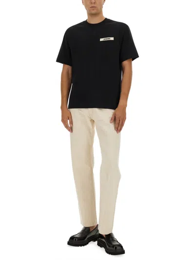 Jacquemus Minimalist Black Short-sleeve Cotton T-shirt With Patch Detail In Black