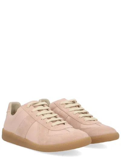 Maison Margiela 'replica' Pink Low Top Sneakers With Suede Details And Logo On The Tongue In Leather Woman In Beige