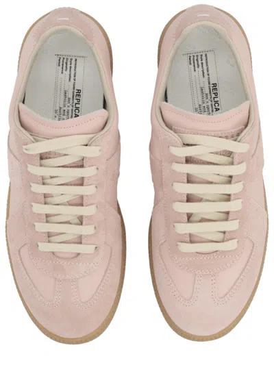 Maison Margiela 'replica' Pink Low Top Sneakers With Suede Details And Logo On The Tongue In Leather Woman In Beige