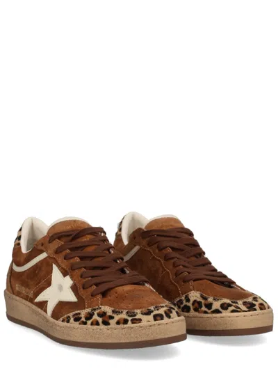 Golden Goose Sneaker Ballstar Low Top With Star Patch With Glitter And Animalier Print In Brown Suede For Women