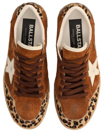 Golden Goose Sneaker Ballstar Low Top With Star Patch With Glitter And Animalier Print In Brown Suede For Women