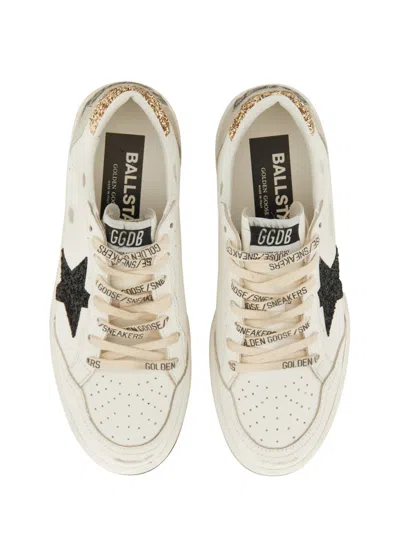 Golden Goose Ballstar White Low Top Sneakers With Glittered Star Patch On The Side And Glittered Heel With Logo L