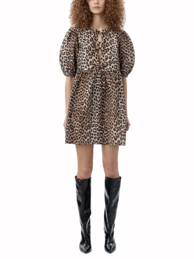 Ganni Brown Leopard Printed Cotton Tie String Minidress In Animal Print