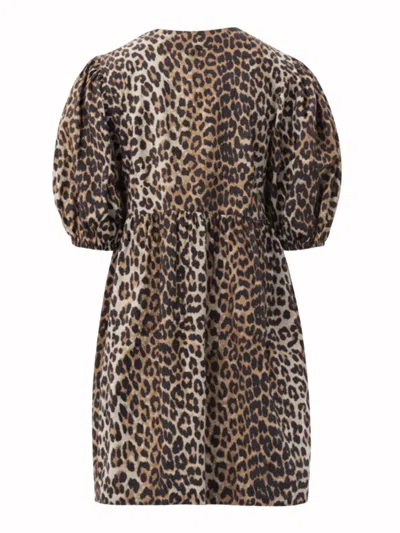 Ganni Brown Leopard Printed Cotton Tie String Minidress In Animal Print