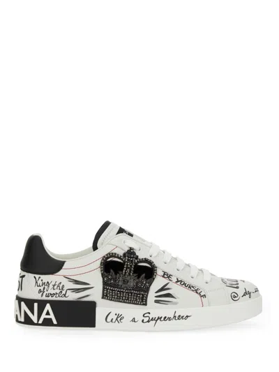 Dolce & Gabbana White Low Top Sneakers With Logo Patch On The Tongue And All-over Print In Leather Man In White