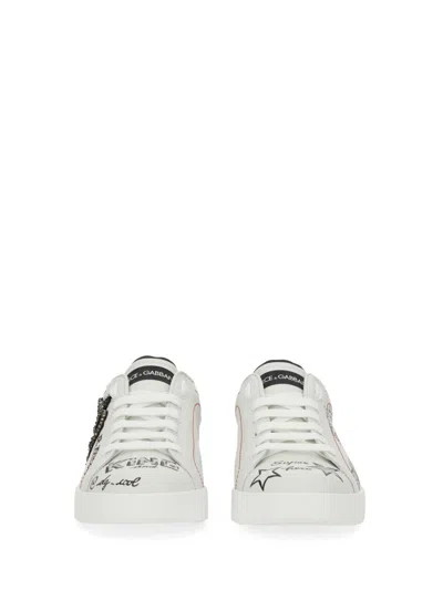 Dolce & Gabbana White Low Top Sneakers With Logo Patch On The Tongue And All-over Print In Leather Man In White