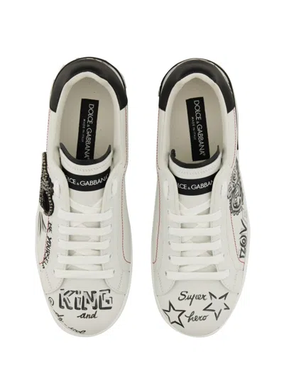 Dolce & Gabbana White Low Top Sneakers With Logo Patch On The Tongue And All-over Print In Leather Man In White