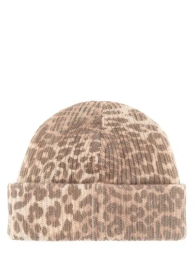 Ganni Womens Leopard Graphic Print Wool Blend Beanie In Brown