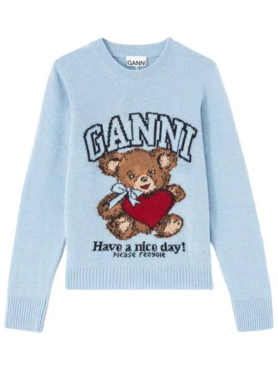 Ganni Wool Crew Neck Sweater Graphic Print In Blue