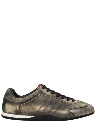 Gucci Leather Shift Sneakers Low Top Rubber Sole In Green