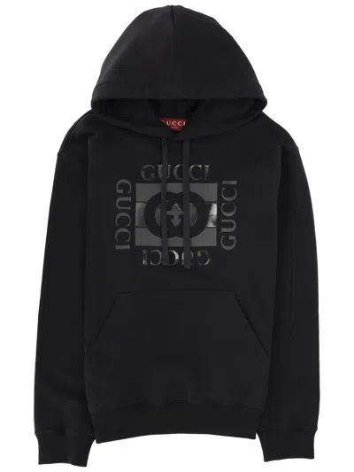 Gucci Men Black Sweatshirt With Hood With Drawstring And Front Logo In Cotton Man In Multi