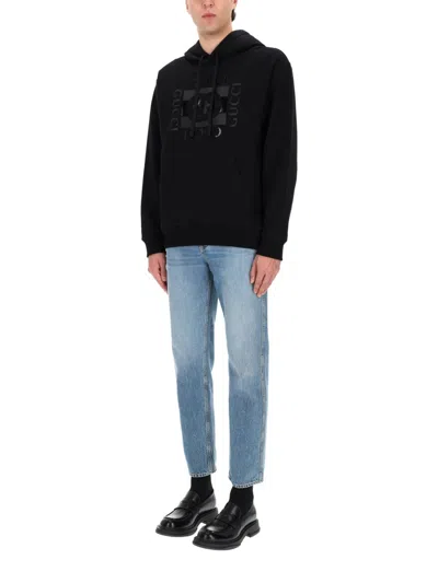 Gucci Men Black Sweatshirt With Hood With Drawstring And Front Logo In Cotton Man In Multi