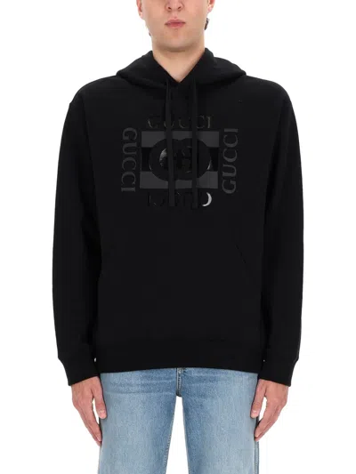Gucci Men Black Sweatshirt With Hood With Drawstring And Front Logo In Cotton Man In Multi