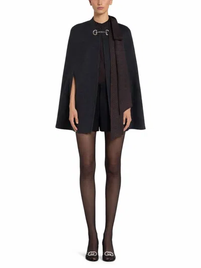 Gucci Women Black Cape With Clamp Closure On The Front And Internal Gg Motif In Wool And Silk Woman In Gray