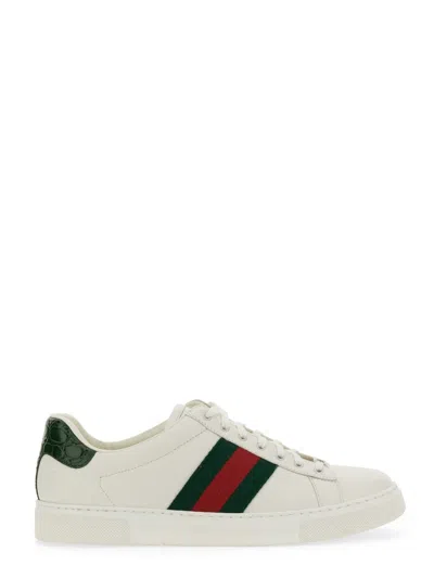 Gucci Leather Ace Sneakers Studded Heel Perforated Upper Rubber Sole In White