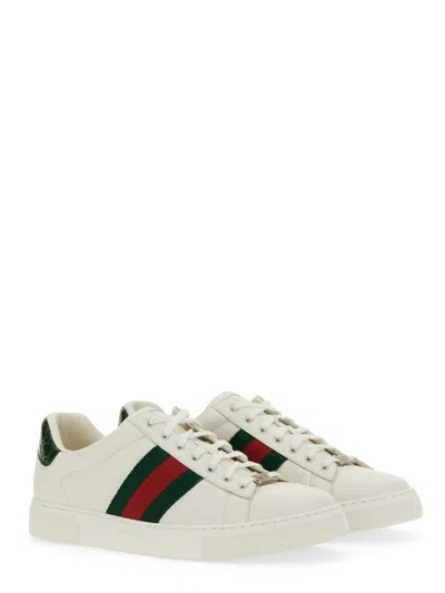 Gucci Leather Ace Sneakers Studded Heel Perforated Upper Rubber Sole In White