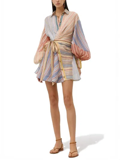 Zimmermann Rebellion Multicolor Midi Dress With Bow Detail On The Front And All-over Striped Motif In Linen And