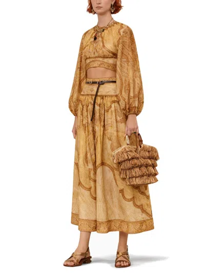 Zimmermann Wanderlust Multicolor Cropped Top With Puffed Long Sleeves And All-over Paisley Motif In Cotton Blen In Gold