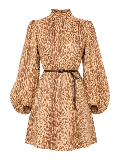 Zimmermann Cascadian Leopard Print Long Sleeve Tunic Dress In Gray