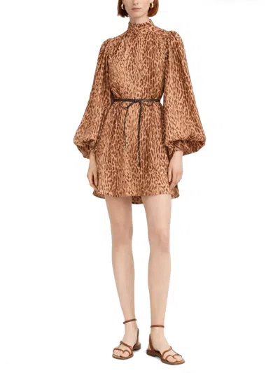 Zimmermann Cascadian Leopard Print Long Sleeve Tunic Dress In Gray