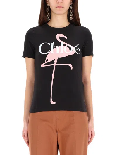 Chloé Women Black Crewneck T-shirt With Maxi Logo Print On The Front In Cotton Woman