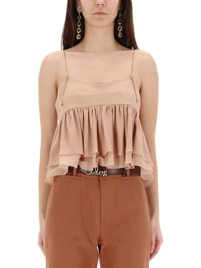 Chloé Tiered Ruffle Organic Silk Georgette Babydoll Top In White