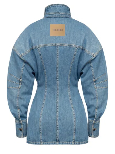 Attico Denim Mini Dress Front Pockets Long Sleeves In Blue