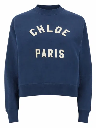 Chloé Blue Crewneck Sweatshirt With Logo Lettering Print In Cotton Woman In Blue
