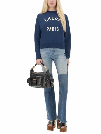 Chloé Blue Crewneck Sweatshirt With Logo Lettering Print In Cotton Woman In Blue