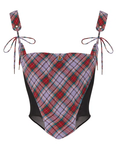 Vivienne Westwood Puppy Tartan Linen And Mesh Bustier Top In Multi