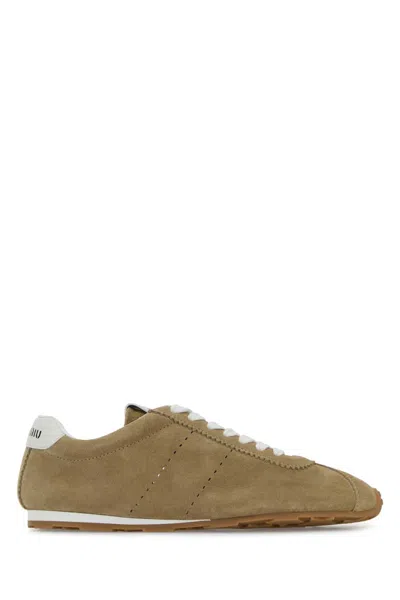 Miu Miu Cappuccino Suede Plume Sneakers In Brown