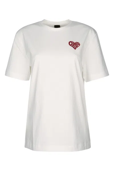 Pinko White Crewneck T-shirt With Logo Detail On The Front And Maxi Print On The Rear In Cotton Woman In Neutral