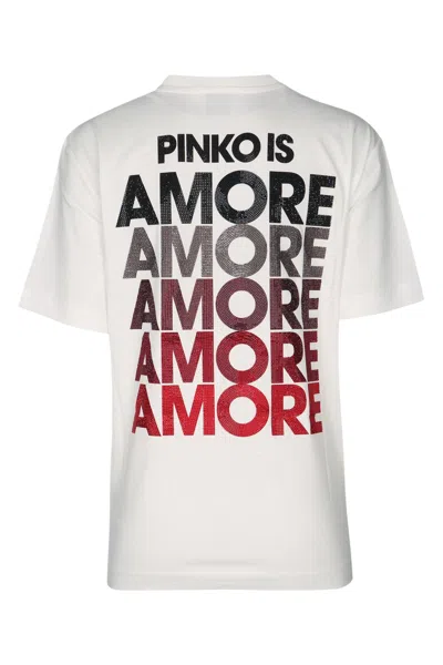 Pinko White Crewneck T-shirt With Logo Detail On The Front And Maxi Print On The Rear In Cotton Woman In Neutral