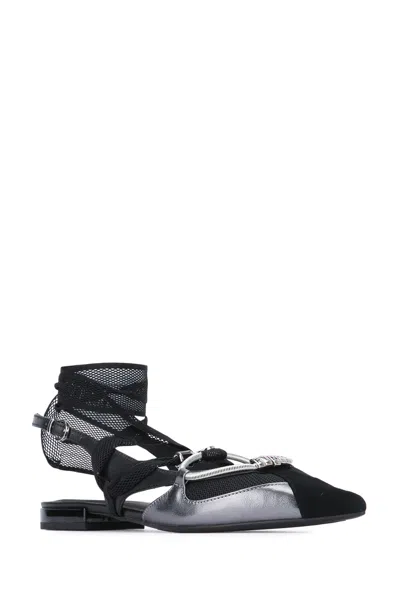 Pinko Gianira Black Ballerinas With Pointed Toe And Decorative Ankle Band In Leather And Fabric Blend Woma