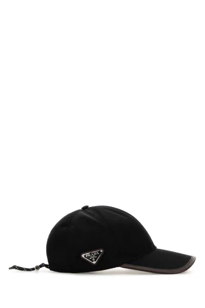 Prada Renylon Baseball Cap Curved Brim Design In Black