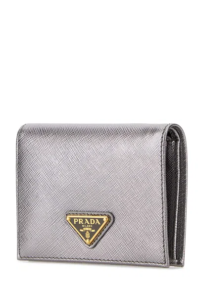 Prada Silver Leather Wallet In Silver