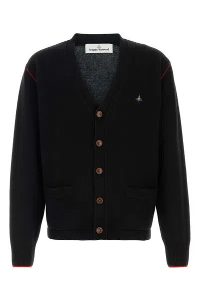 Vivienne Westwood Black V Neck Cardigan With Orb Embroidery In Cotton And Cashmere