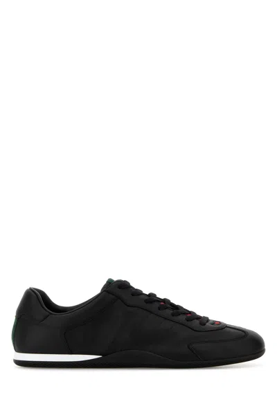 Gucci Men Black Low Top Sneakers With Web Tongue In Leather Man In Black