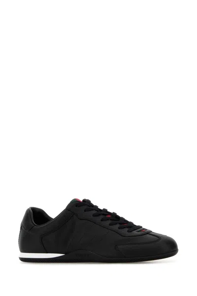 Gucci Men Black Low Top Sneakers With Web Tongue In Leather Man In Black