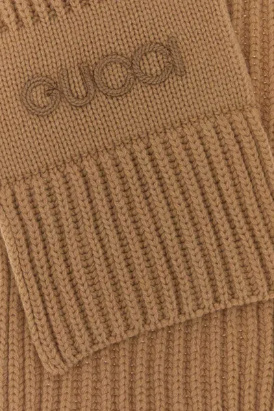 Gucci Wool Blend Scarf Rectangular Ribbed Knit In Brown