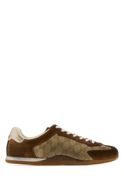 Gucci Shift Suede Sneakers With Gg Supreme Fabric Inserts In Brown
