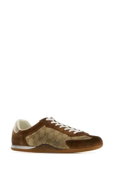 Gucci Shift Suede Sneakers With Gg Supreme Fabric Inserts In Brown