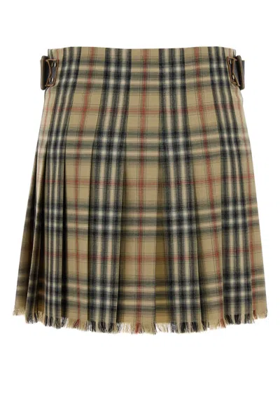 Burberry Women Beige Skirt With Adjustable Belt And All-over Check Motif In Wool Woman In Multi
