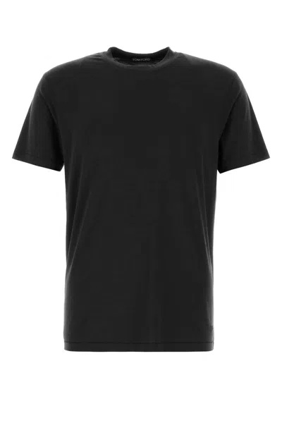 Tom Ford Black Crewneck T-shirt With Logo Embroidery On The Front In Cotton Blend Man In Black