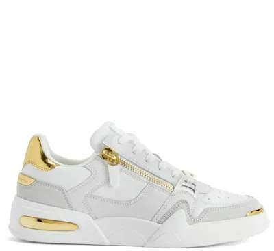 Giuseppe Zanotti Round Toe Leather Sneakers Featuring Gold Accents In White