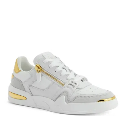 Giuseppe Zanotti Round Toe Leather Sneakers Featuring Gold Accents In White